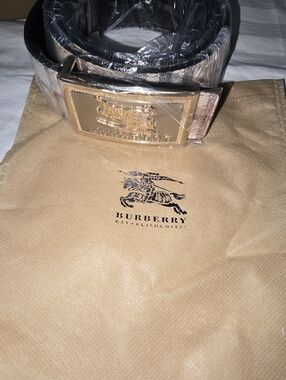 Burberry Black Leather Belt with Gold Plaque Buckle